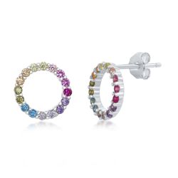 Sterling Silver Rainbow Cubic Zirconia Circle Studs - D-7139
